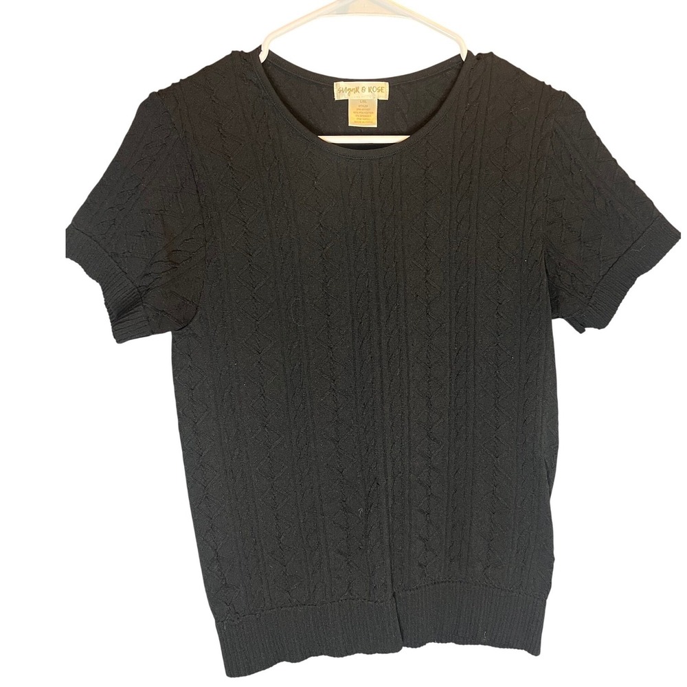 Sugar & Rose Womens Black Cable Knit Short Sleeve Sweater Top L/XL 2PK-M1193T